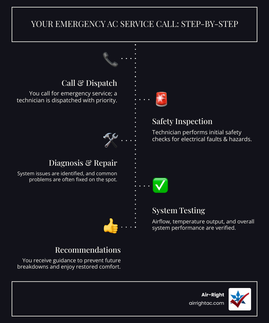 Emergency AC service call timeline infographic from initial call to system restored comfort - what to expect during an
