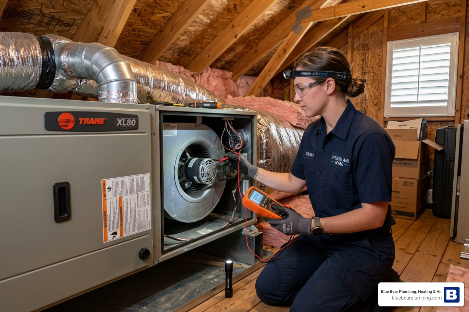 Professional technician checking the air handler and blower assembly in a residential attic - what does an hvac maintenance Professional technician checking the air handler and blower assembly in a residential attic - what does an hvac maintenance