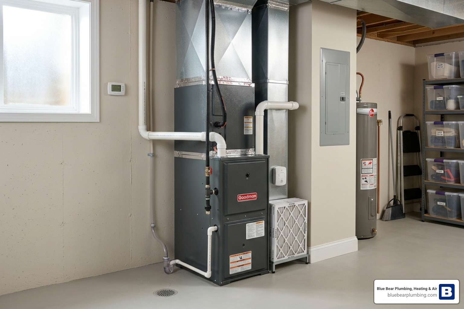 A well-maintained furnace in a clean basement setting - what does an hvac maintenance visit include A well-maintained furnace in a clean basement setting - what does an hvac maintenance visit include