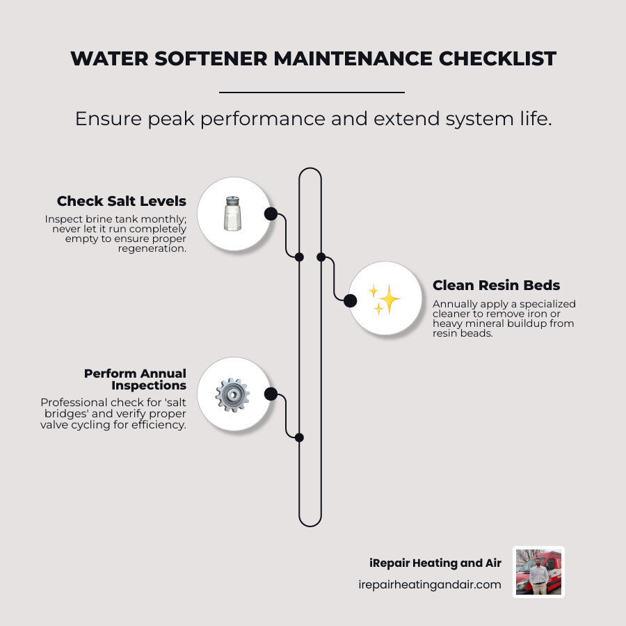 Infographic showing water softener maintenance checklist: check salt monthly, clean resin annually, inspect for leaks