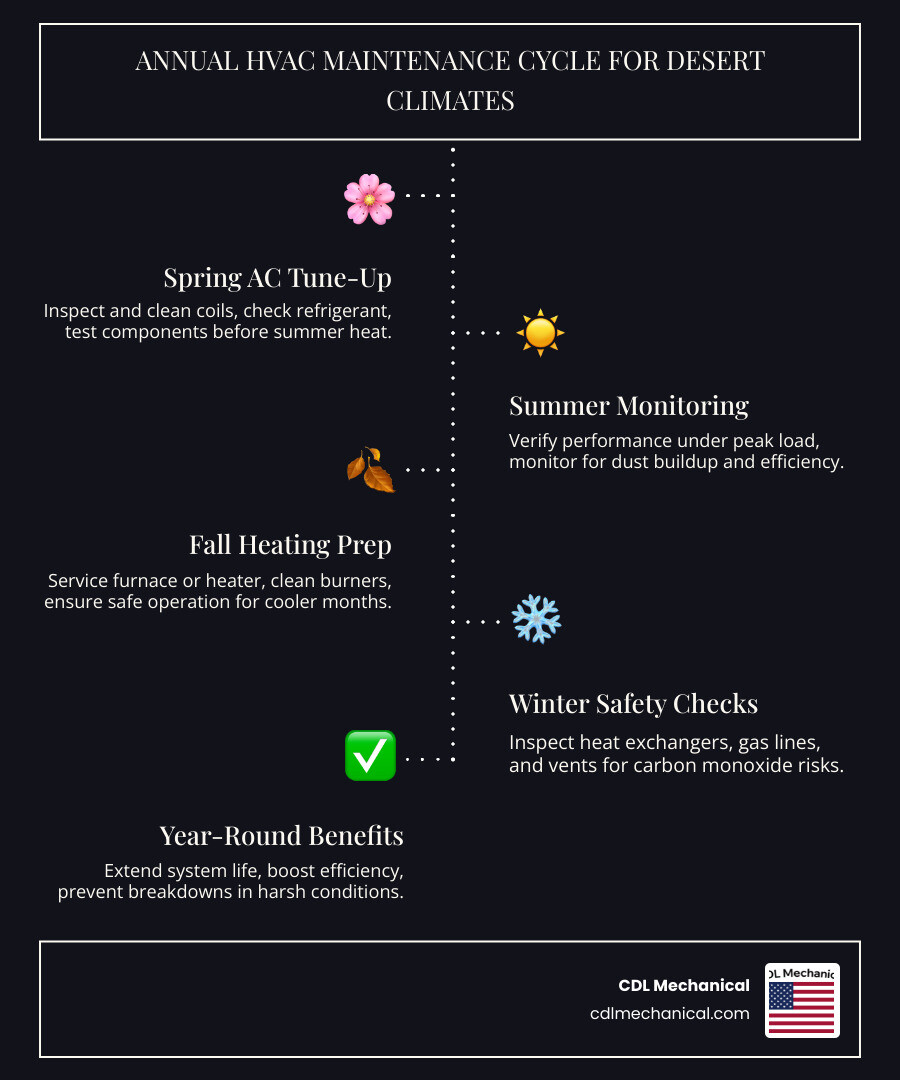 Annual HVAC maintenance cycle infographic for desert climates showing spring AC tune-up, summer monitoring, fall heating Annual HVAC maintenance cycle infographic for desert climates showing spring AC tune-up, summer monitoring, fall heating