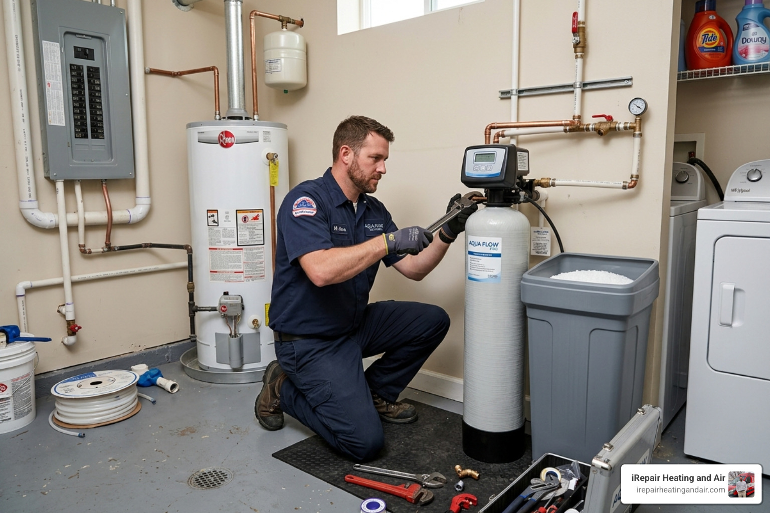 Technician installing a modern water softener system - water softener installation companies