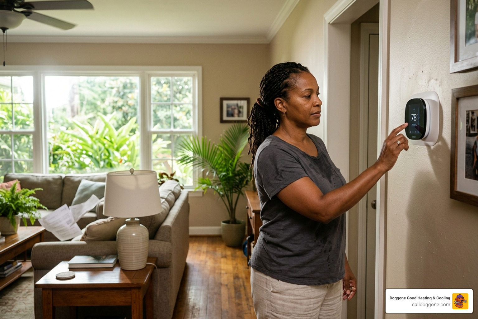Homeowner in Baton Rouge checking a smart thermostat on a humid afternoon - why is my ac running but not cooling