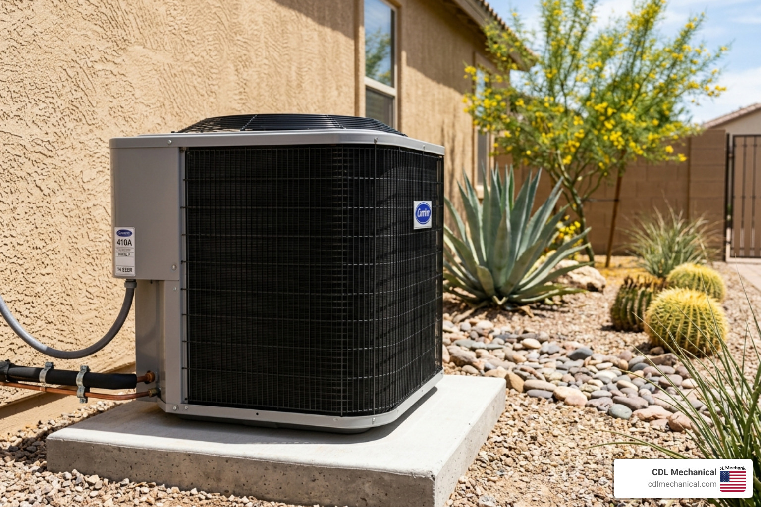 Close-up of a clean outdoor HVAC condenser unit in a Glendale backyard with desert landscaping - is an hvac maintenance plan Close-up of a clean outdoor HVAC condenser unit in a Glendale backyard with desert landscaping - is an hvac maintenance plan