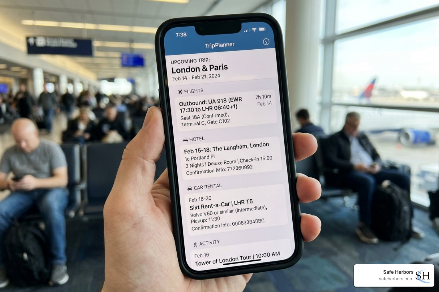 digital itinerary on a smartphone showing flight, hotel, and car details - End-to-end travel