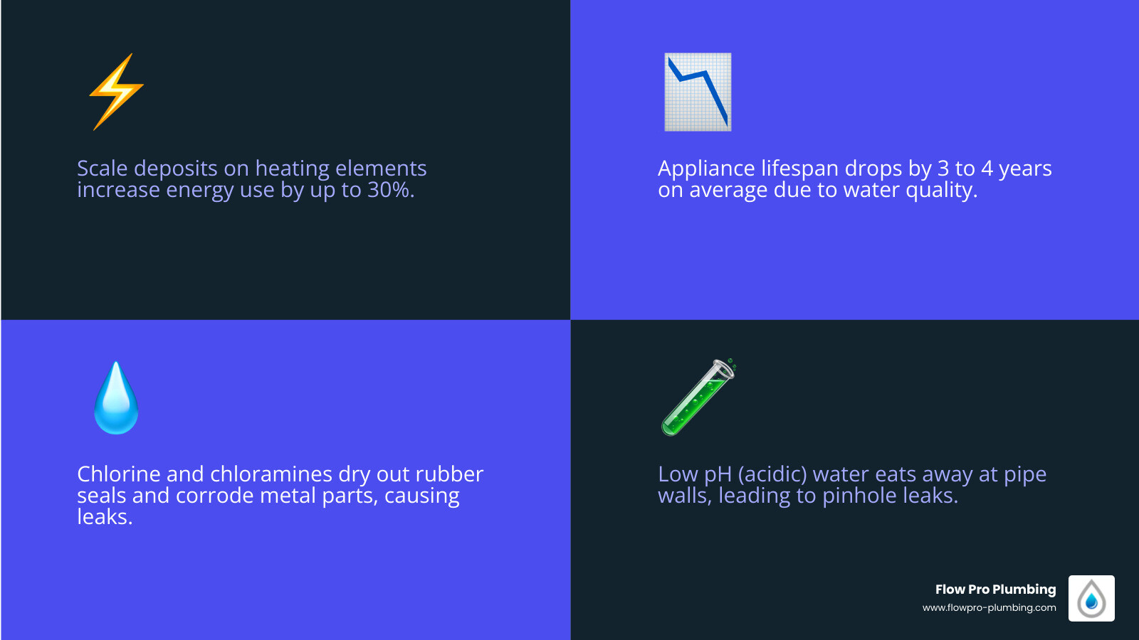 Infographic showing how hard water, chlorine, and pH imbalance damage pipes, water heaters, dishwashers, and washing Infographic showing how hard water, chlorine, and pH imbalance damage pipes, water heaters, dishwashers, and washing