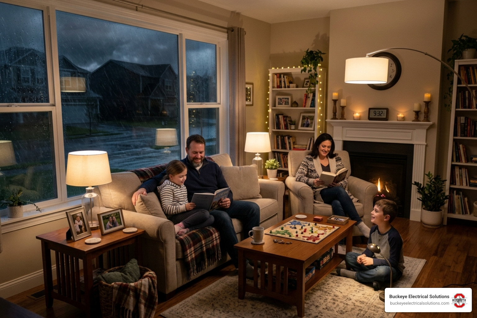 family in a well-lit home during a storm while the neighborhood is dark - Generator installation guide