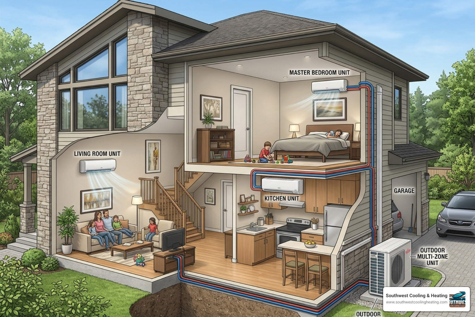 A multi-zone ductless system layout showing indoor units in different rooms connected to one outdoor unit - is a ductless A multi-zone ductless system layout showing indoor units in different rooms connected to one outdoor unit - is a ductless