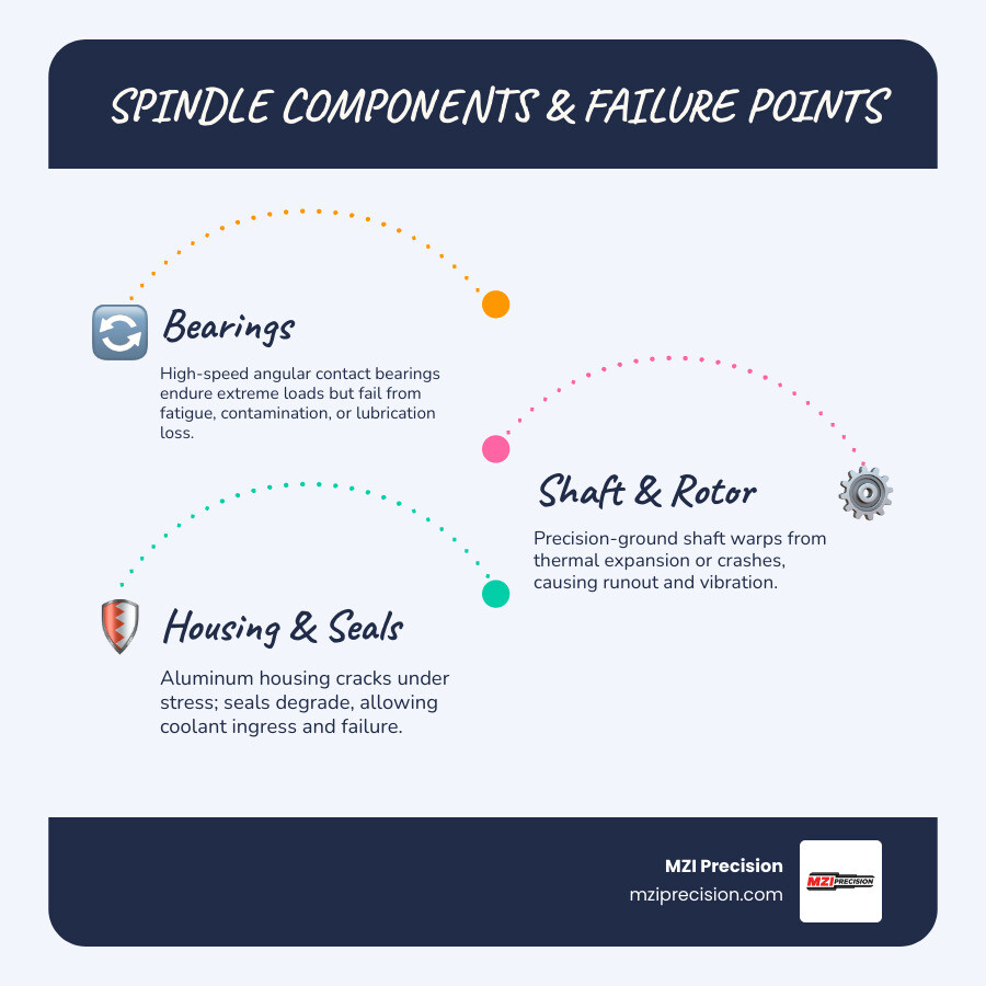 Spindle components, common failure points, and the precision repair process overview - Precision Spindle Repair infographic