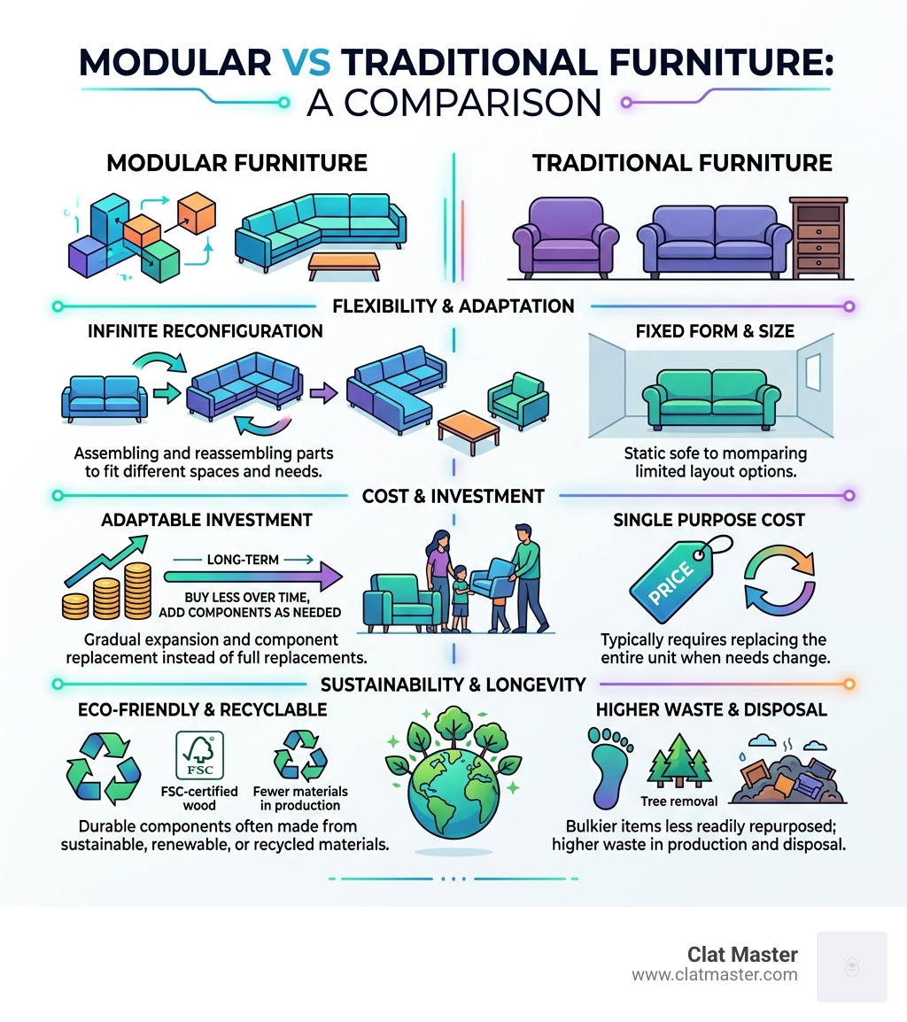 modular vs traditional furniture comparison infographic showing flexibility cost and sustainability - modular furniture