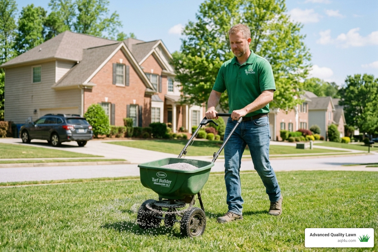 A person using a rotary spreader to apply fertiliser to a residential lawn, best fertiliser for buffalo grass