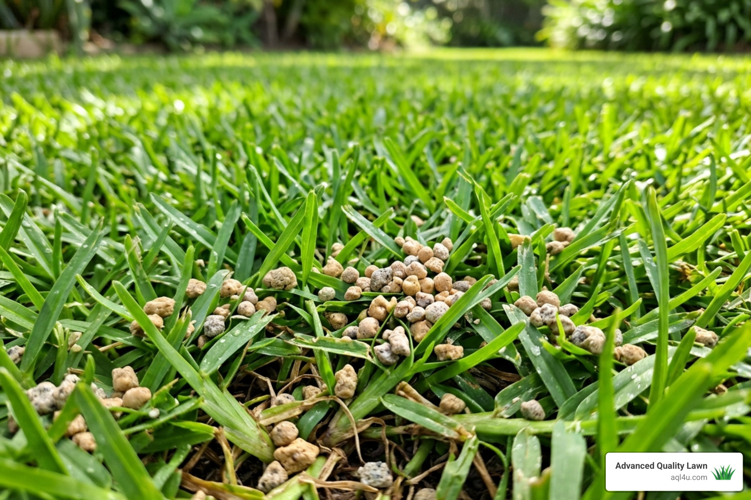 Slow-release fertiliser granules on a green buffalo lawn, best fertiliser for buffalo grass