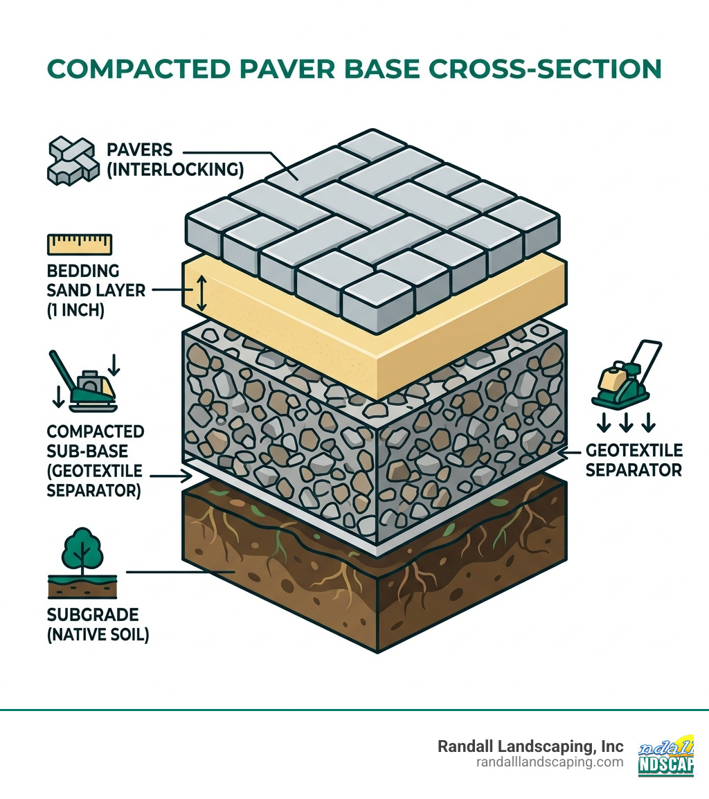 Cross-section layers of a compacted paver base showing subgrade, sub-base, bedding sand, and pavers - compacting base for