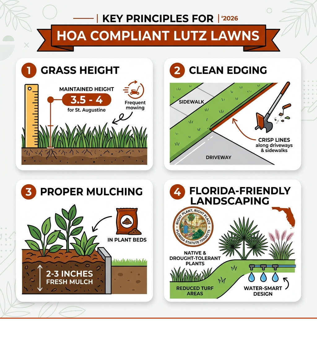 Infographic showing key principles for HOA compliant Lutz lawns including grass height, mulching, edging, and Infographic showing key principles for HOA compliant Lutz lawns including grass height, mulching, edging, and