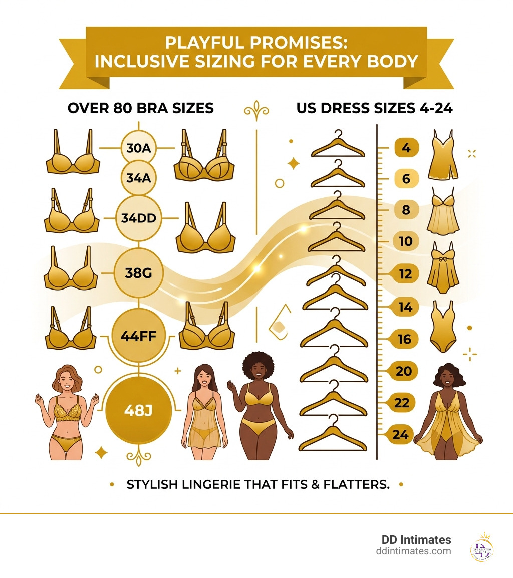infographic showing that Playful Promises offers over 80 bra sizes and US dress sizes 4-24 - Sexy lingerie online