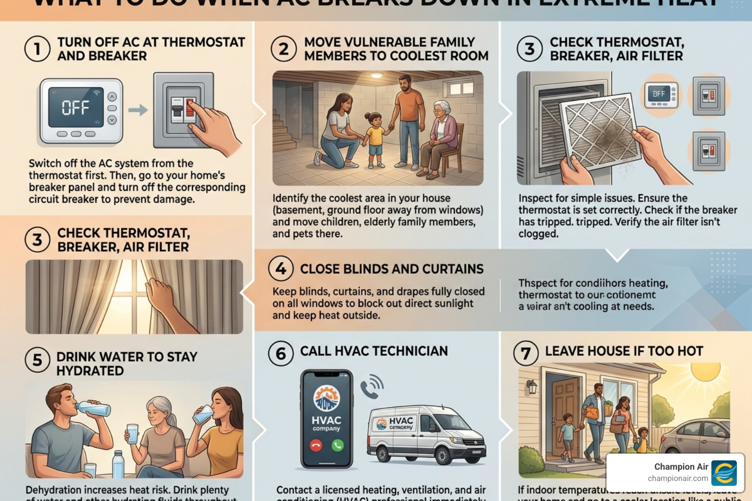 Step-by-step infographic showing what to do when AC breaks down in extreme heat - what to do when your ac breaks down in