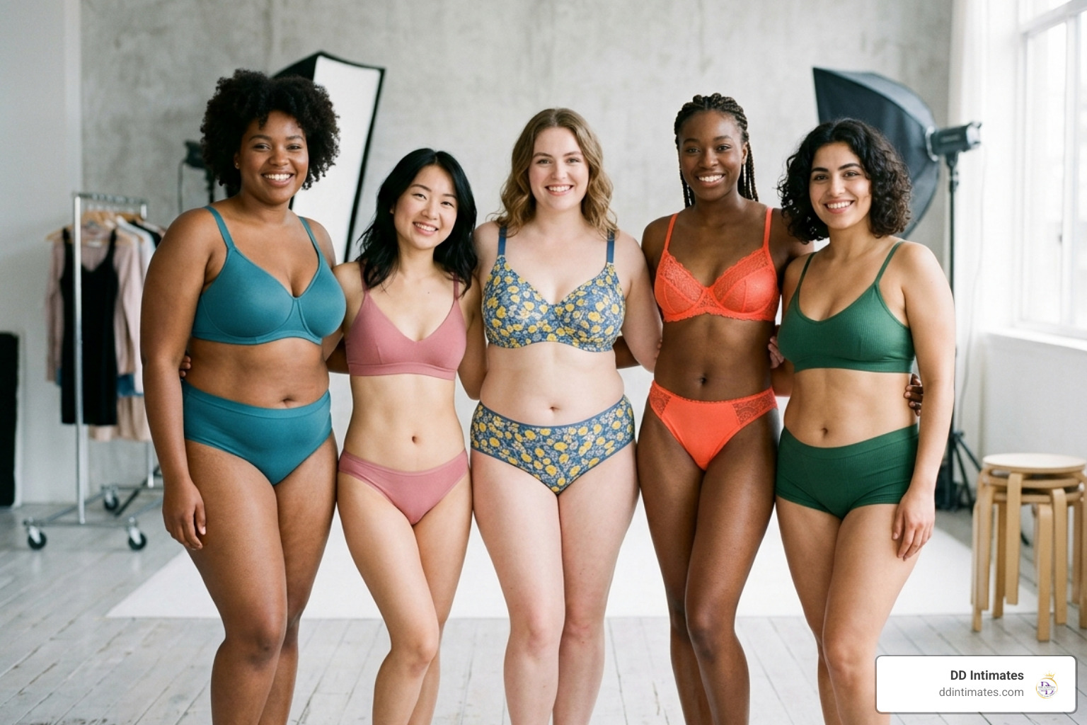 A diverse group of women of different sizes and ethnicities smiling and wearing colorful, inclusive lingerie sets - Sexy