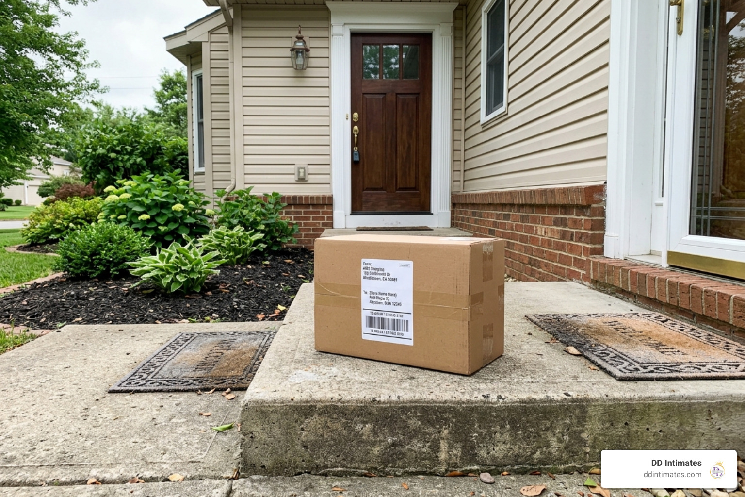 A plain, discreet cardboard box sitting on a doorstep, looking like a standard delivery with no brand markings - Sexy