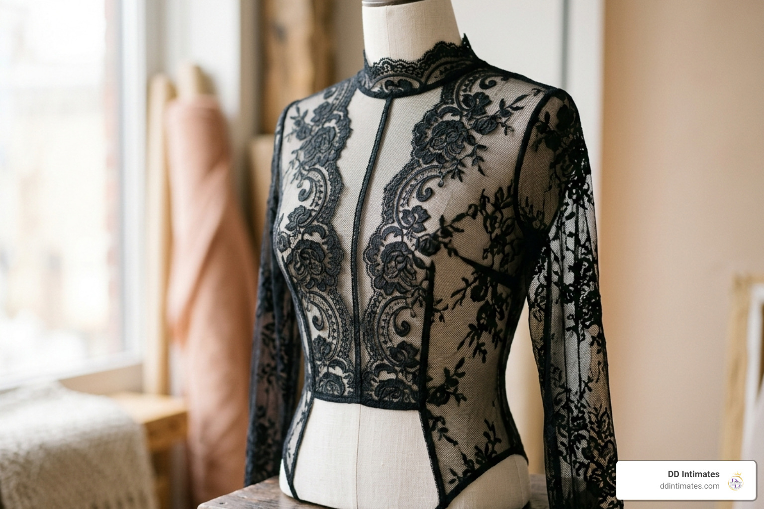 A close-up of a sheer black lace bodysuit with intricate floral detailing - Sexy lingerie online