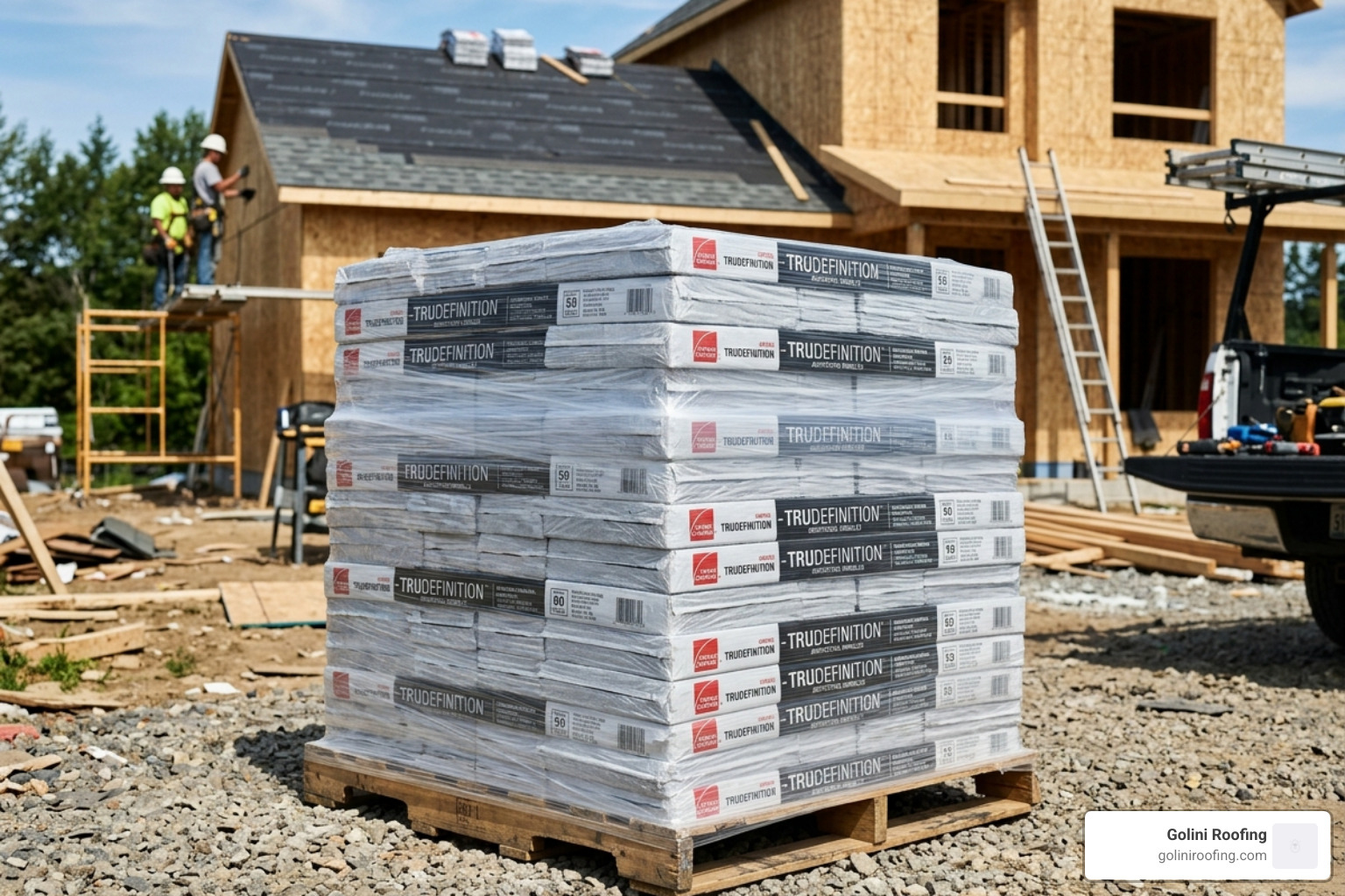 pallet of asphalt shingle bundles ready for installation - Roofing Square Calculator pallet of asphalt shingle bundles ready for installation - Roofing Square Calculator