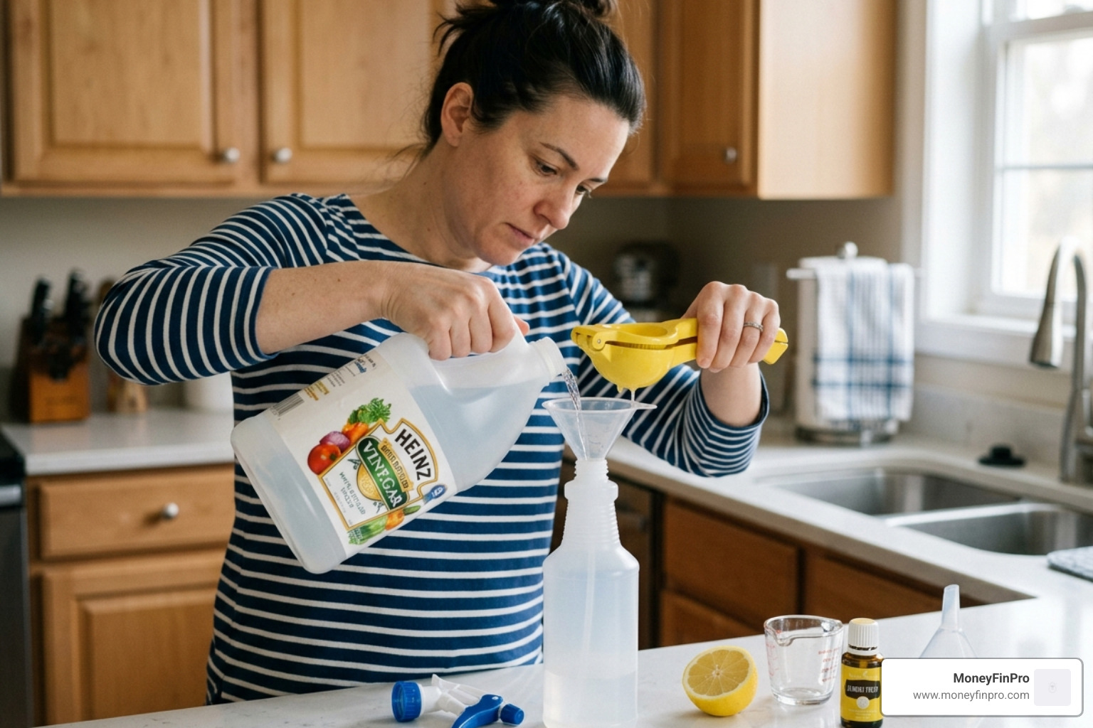person mixing white vinegar and lemon juice in a spray bottle - diy hard water remover person mixing white vinegar and lemon juice in a spray bottle - diy hard water remover