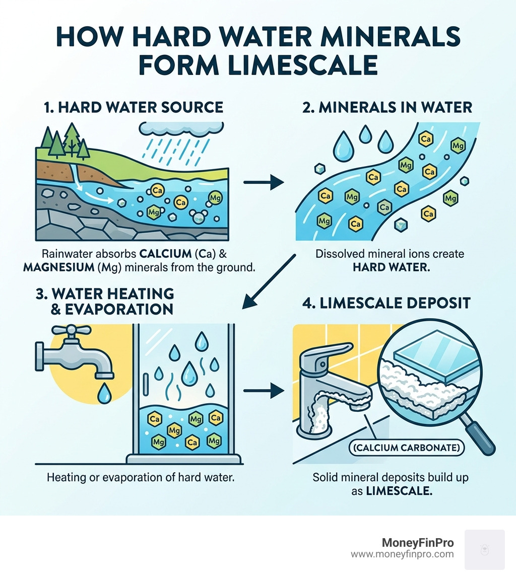 infographic showing how hard water minerals form limescale on household surfaces - diy hard water remover infographic infographic showing how hard water minerals form limescale on household surfaces - diy hard water remover infographic