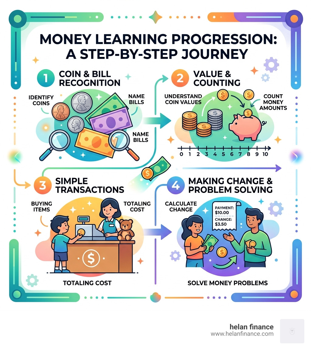 Money learning progression from coin recognition to making change and transactions - identifying money worksheet infographic 