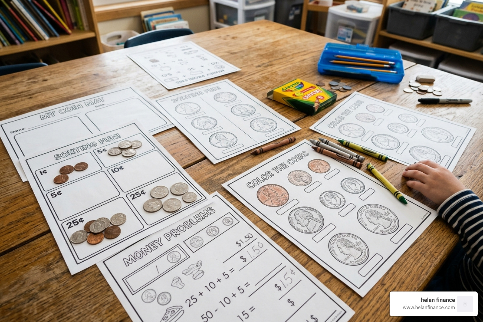 Various worksheet formats including coin sorting coloring and word problems - identifying money worksheet