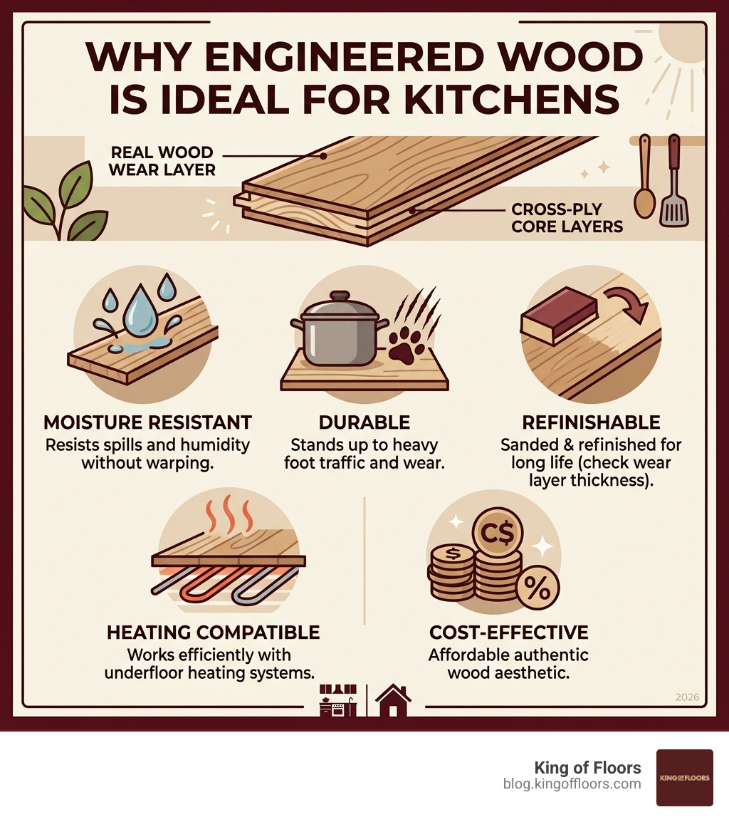 Infographic showing why engineered wood is ideal for kitchens: moisture resistance, durability, refinishability, heating