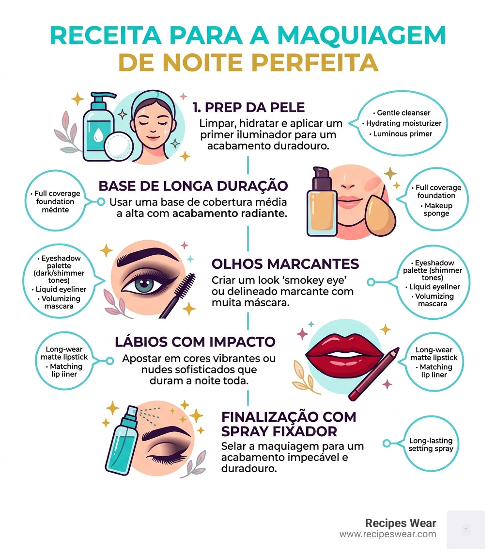 Recipe for Perfect Night Makeup: steps from skin prep to setting spray with product tips - Maquiagem festa noite infographic 