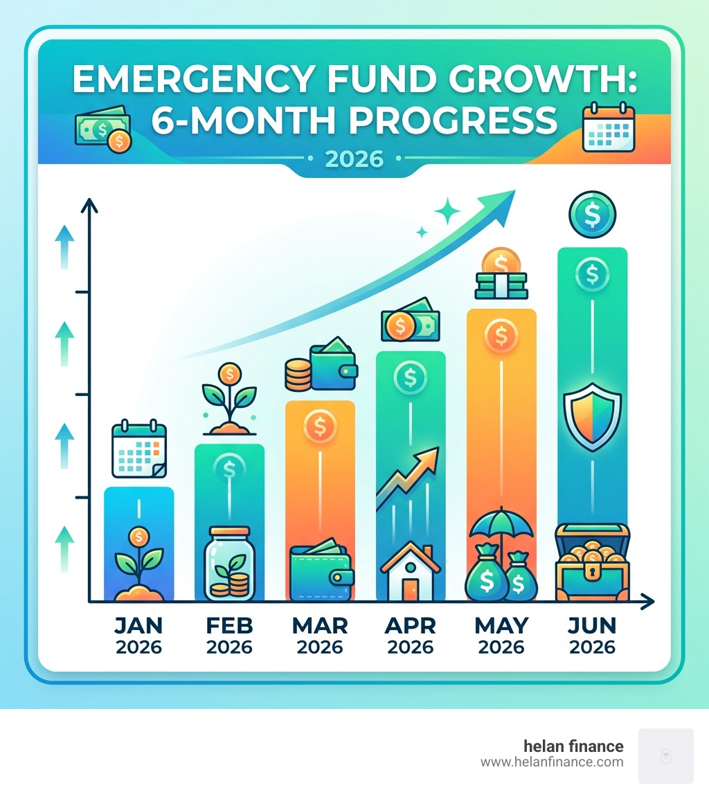 A bar chart showing the growth of an emergency fund over six months - budget calculation sheet infographic 