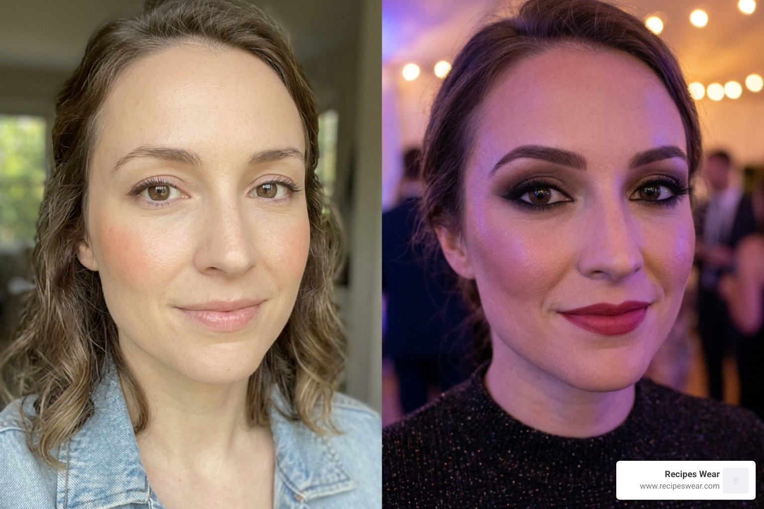 Comparison between natural light and artificial light effects on makeup intensity - Maquiagem festa noite