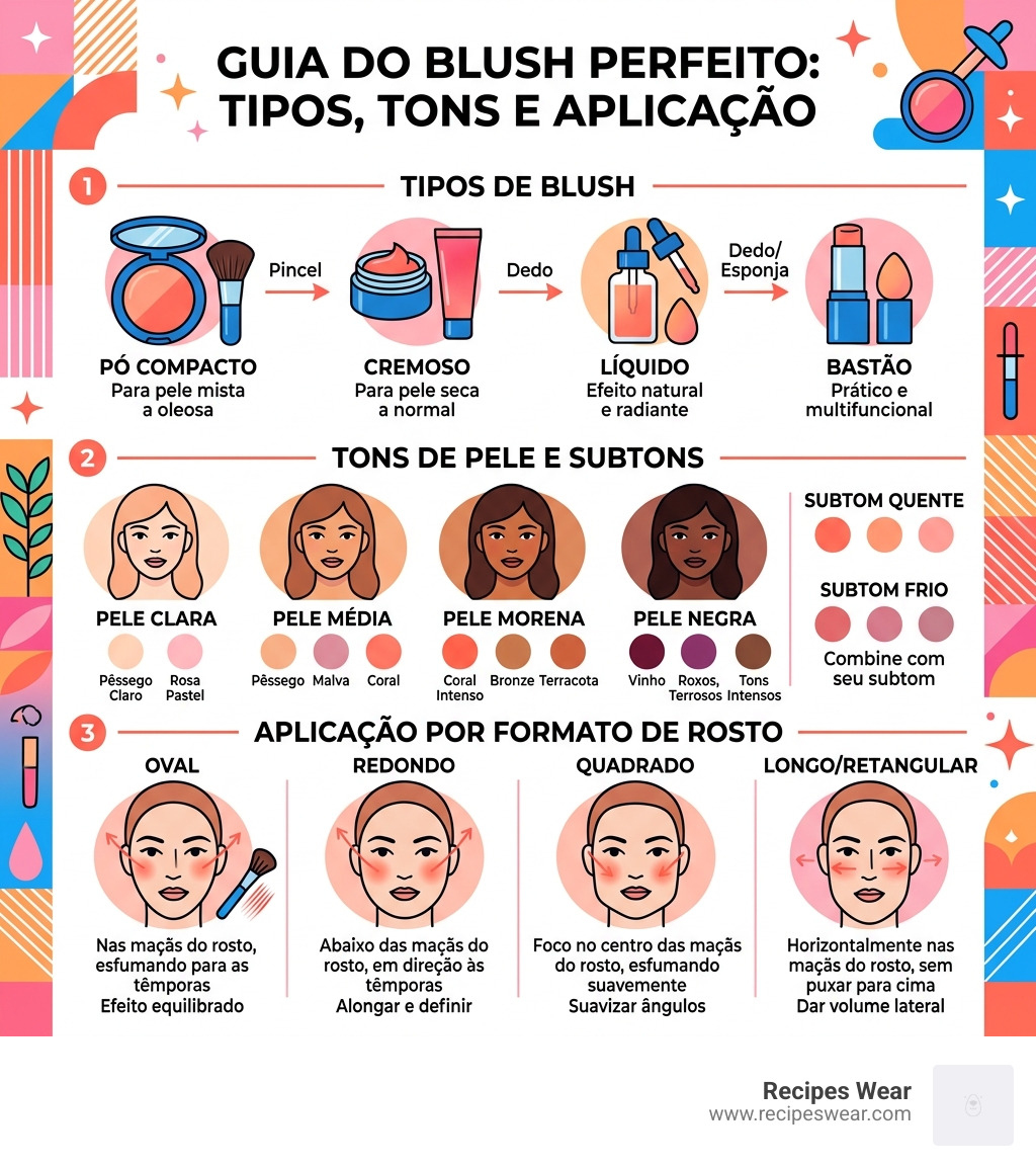 infographic sobre tipos de blush, tons de pele e técnicas de aplicação por formato de rosto - Blush para rosto infographic 