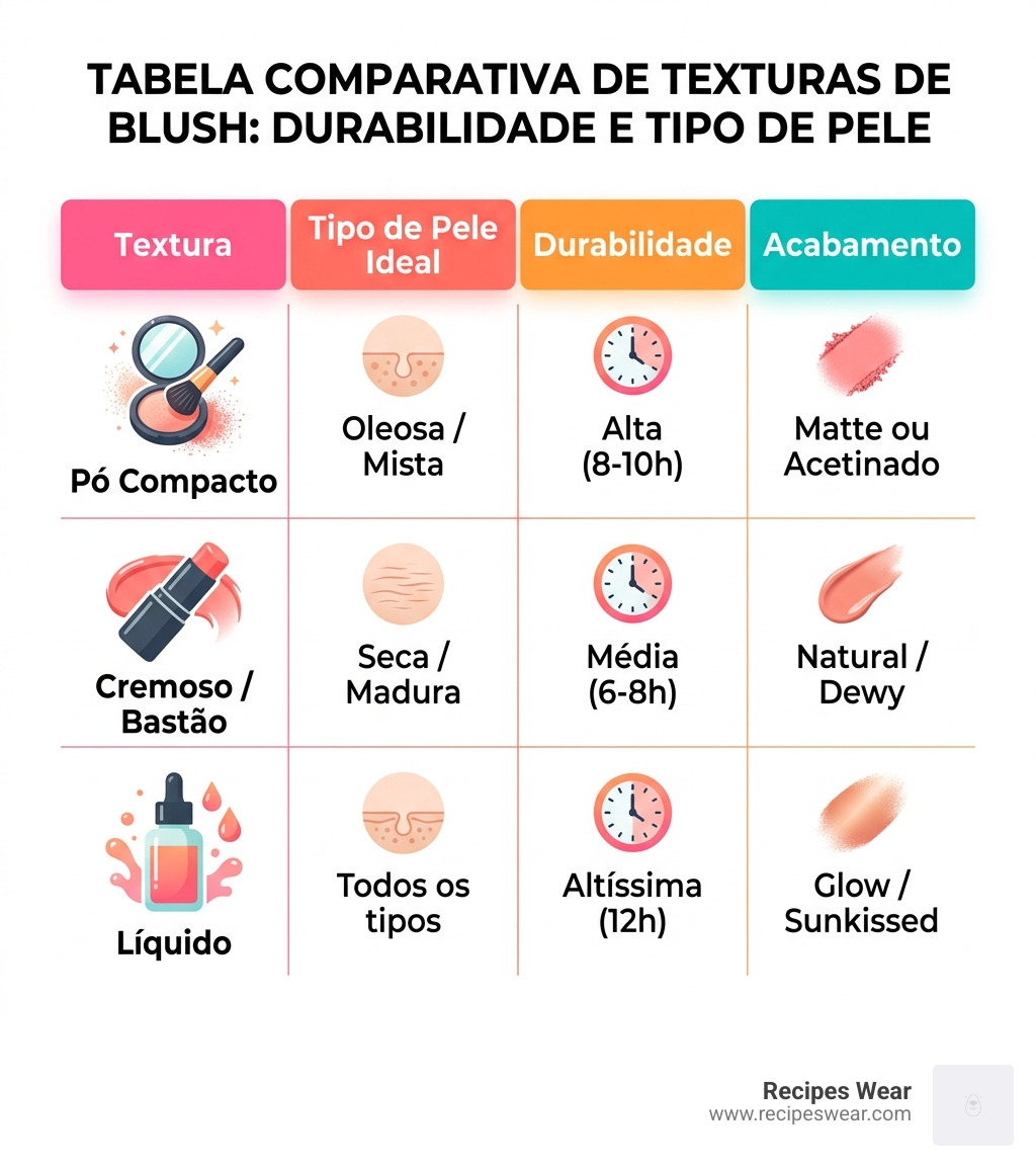 tabela comparativa de texturas de blush durabilidade e tipo de pele - Blush para rosto infographic 