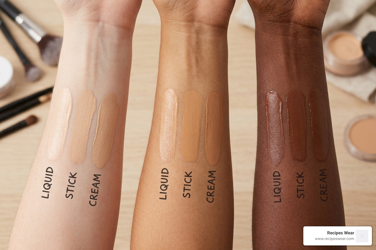 Comparison of liquid, stick, and cream concealer textures on skin - Como escolher corretivo