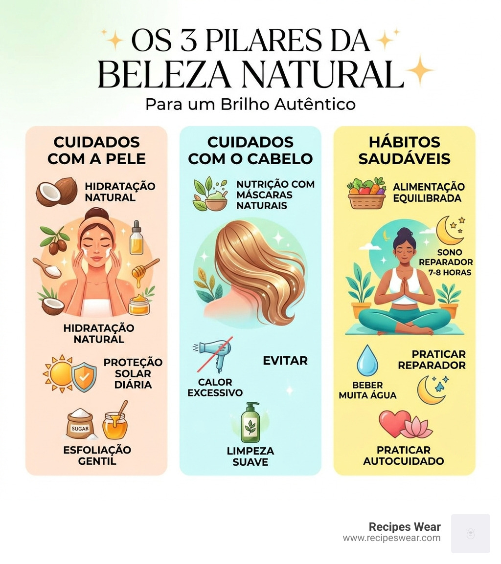 3 pillars of natural beauty: skin care, hair care, and healthy lifestyle habits infographic - Dicas de beleza natural