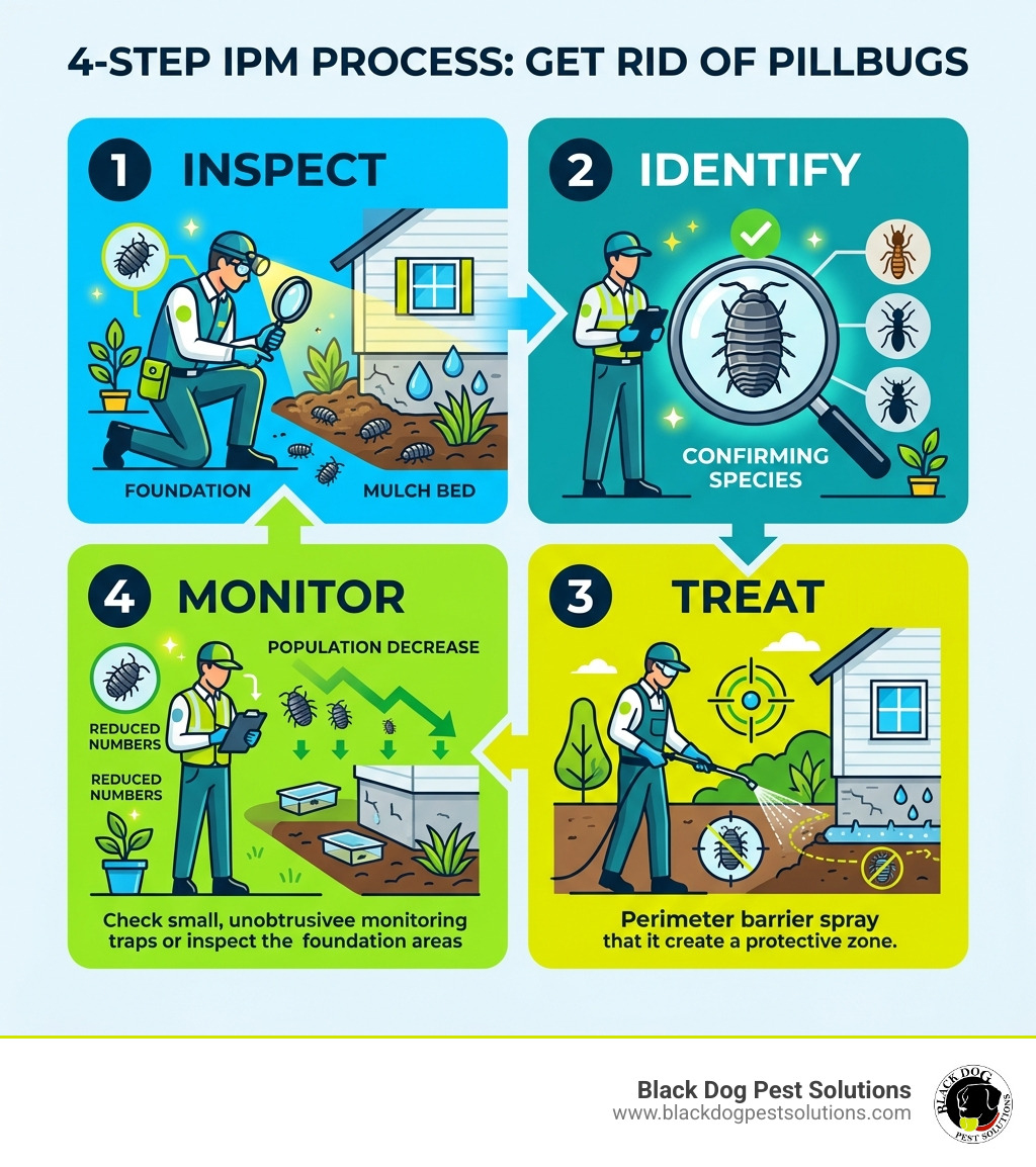 4-step IPM process infographic: Inspect, Identify, Treat, Monitor - Get rid of pillbugs infographic 4-step IPM process infographic: Inspect, Identify, Treat, Monitor - Get rid of pillbugs infographic