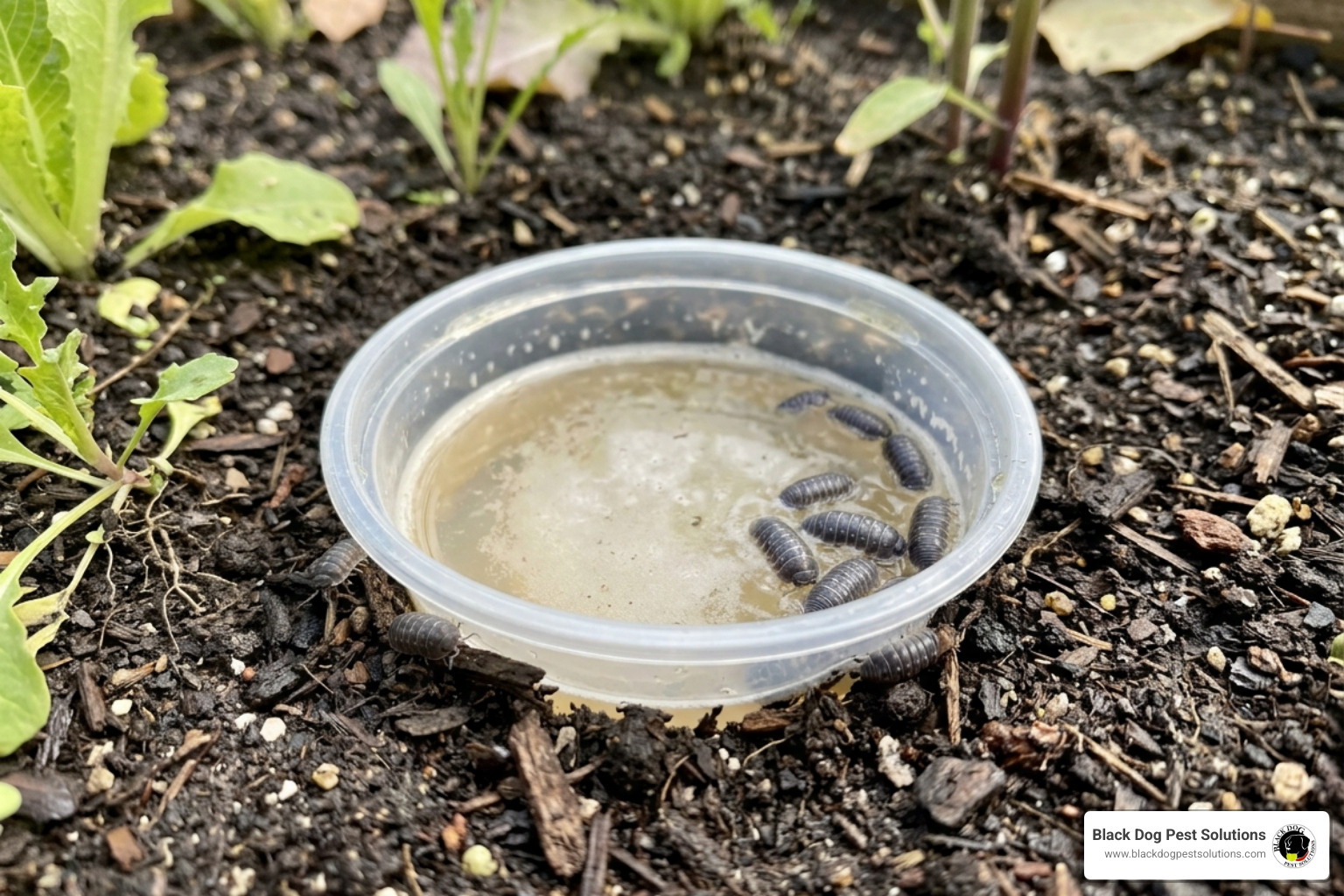 DIY beer trap for pill bugs showing a shallow dish buried at soil level - Get rid of pillbugs DIY beer trap for pill bugs showing a shallow dish buried at soil level - Get rid of pillbugs