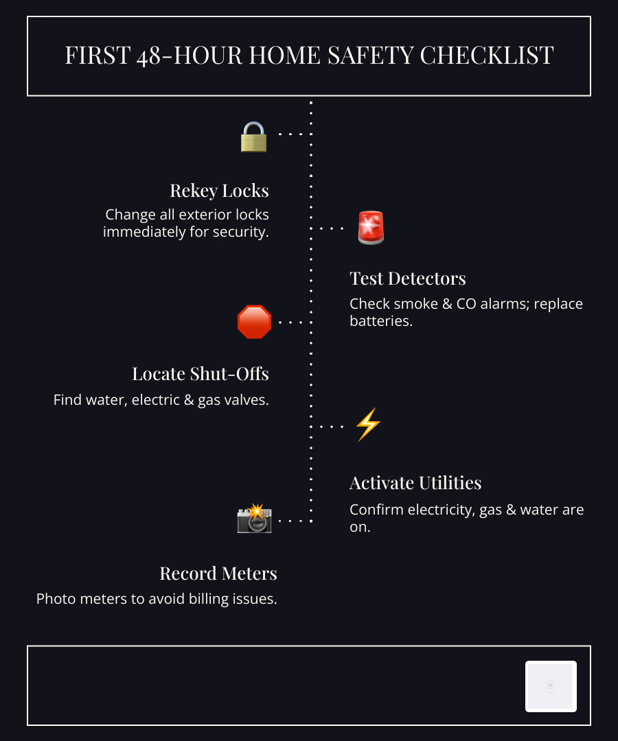 infographic of the first 48-hour home safety checklist - moving and home transition infographic infographic-line-5-steps-dark