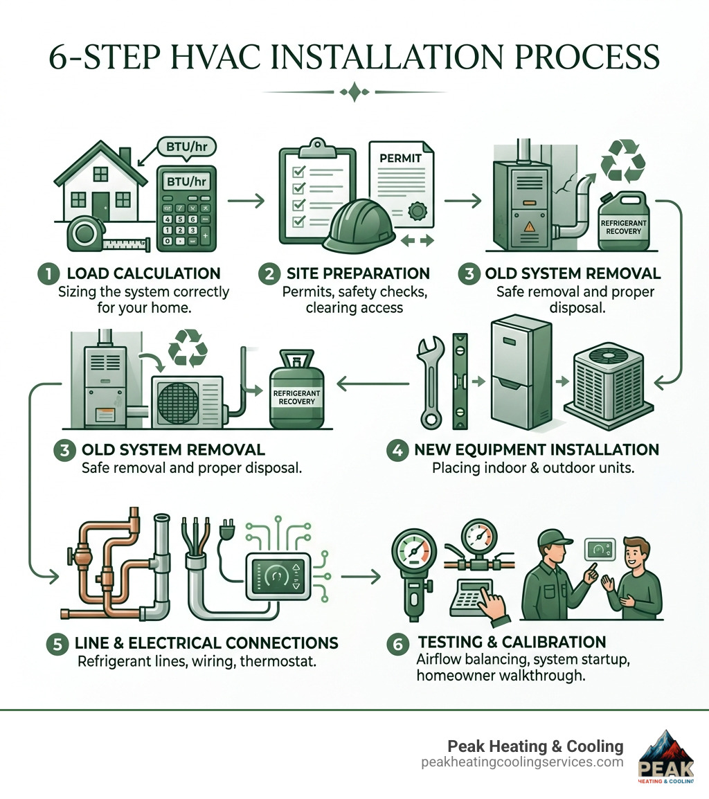 6-step HVAC installation process infographic showing load calculation through final system testing - HVAC installation