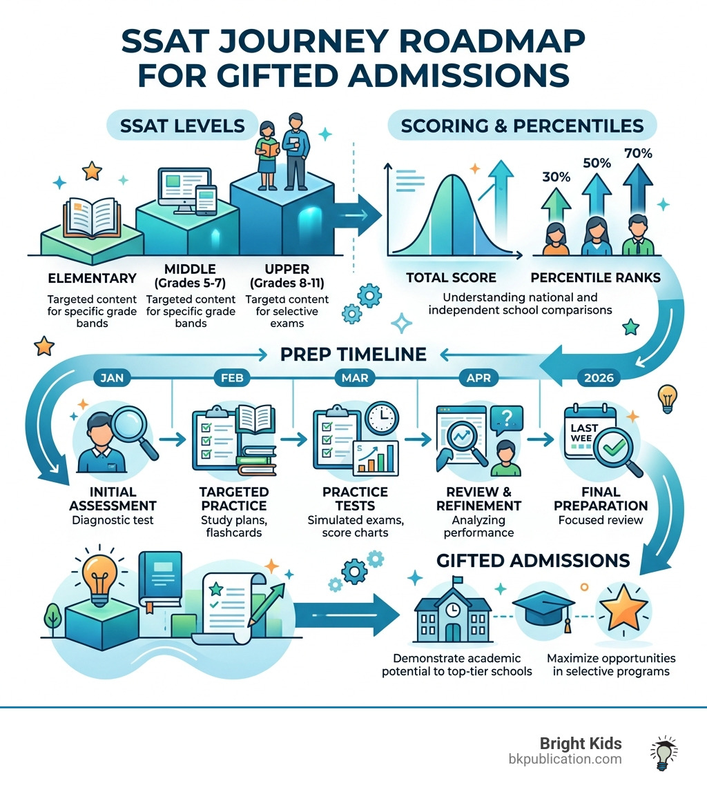 SSAT journey roadmap infographic for gifted students: test levels, scoring, percentiles, prep timeline - gifted admissions