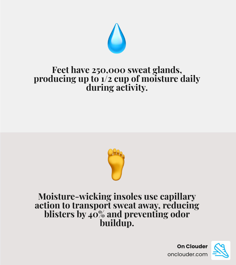 Infographic summarizing the benefits of moisture-wicking insoles: dry feet, odor control, and blister prevention - moisture
