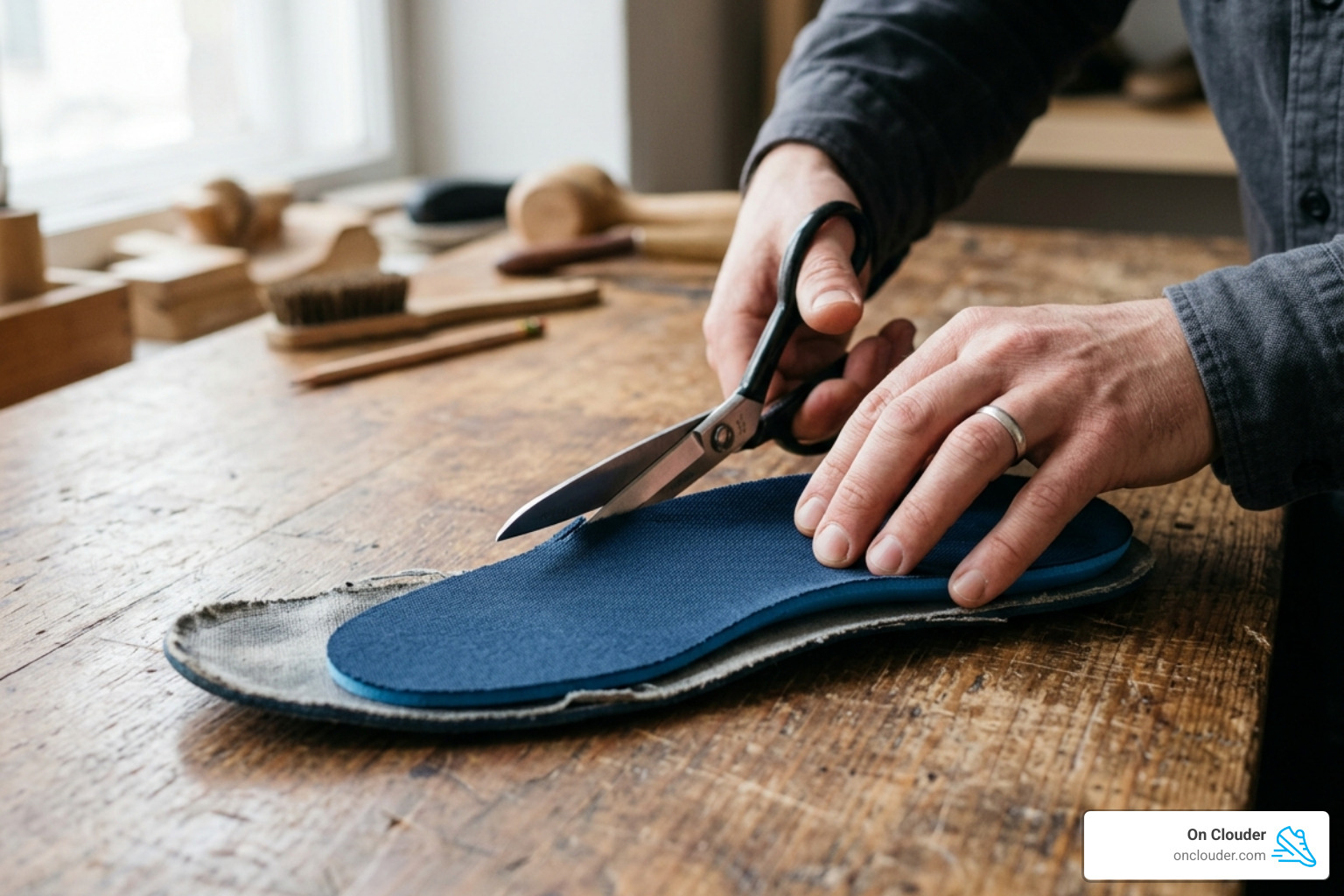 A person carefully trimming a new insole with scissors using the old insole as a template - moisture wicking shoe insoles