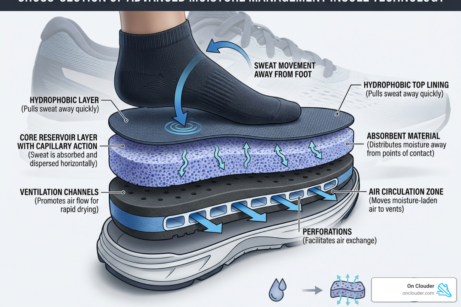 Diagram of multi-layer insole construction showing moisture management layers - moisture wicking shoe insoles