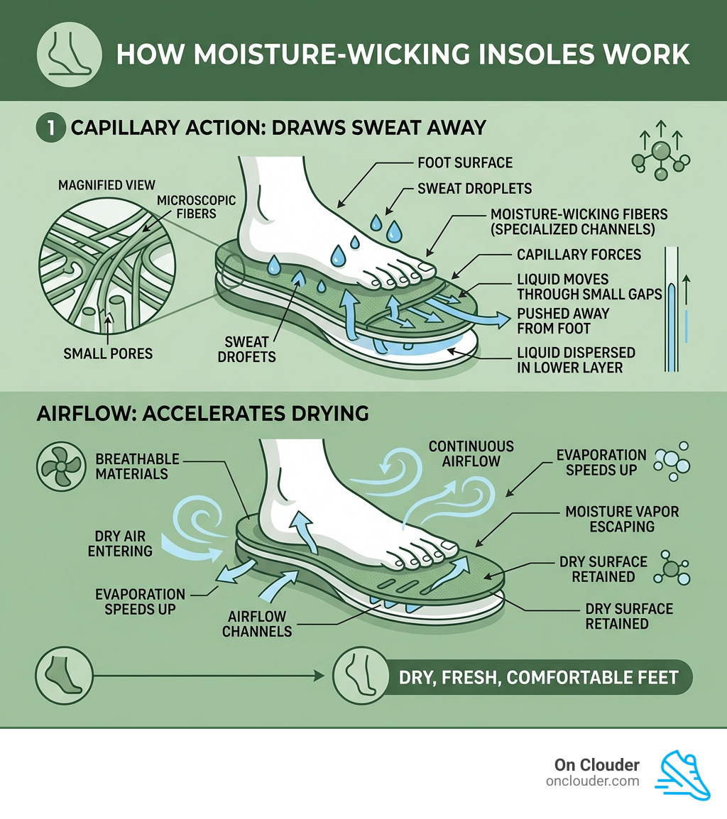 Infographic showing how moisture-wicking insoles move sweat away from feet using capillary action and airflow - moisture