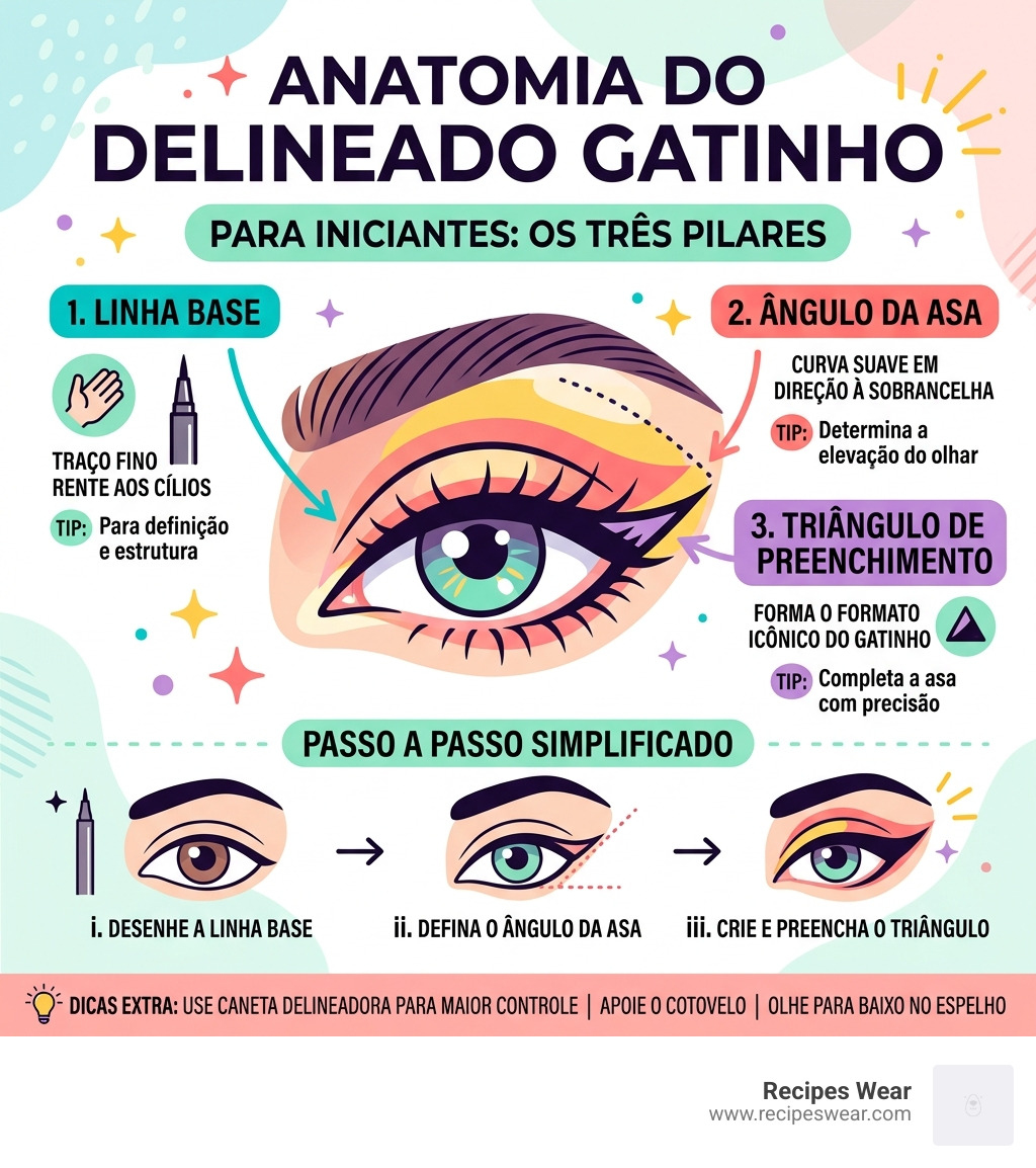 Infográfico anatomia do delineado gatinho: linha base, ângulo da asa e triângulo de preenchimento - Delineado para