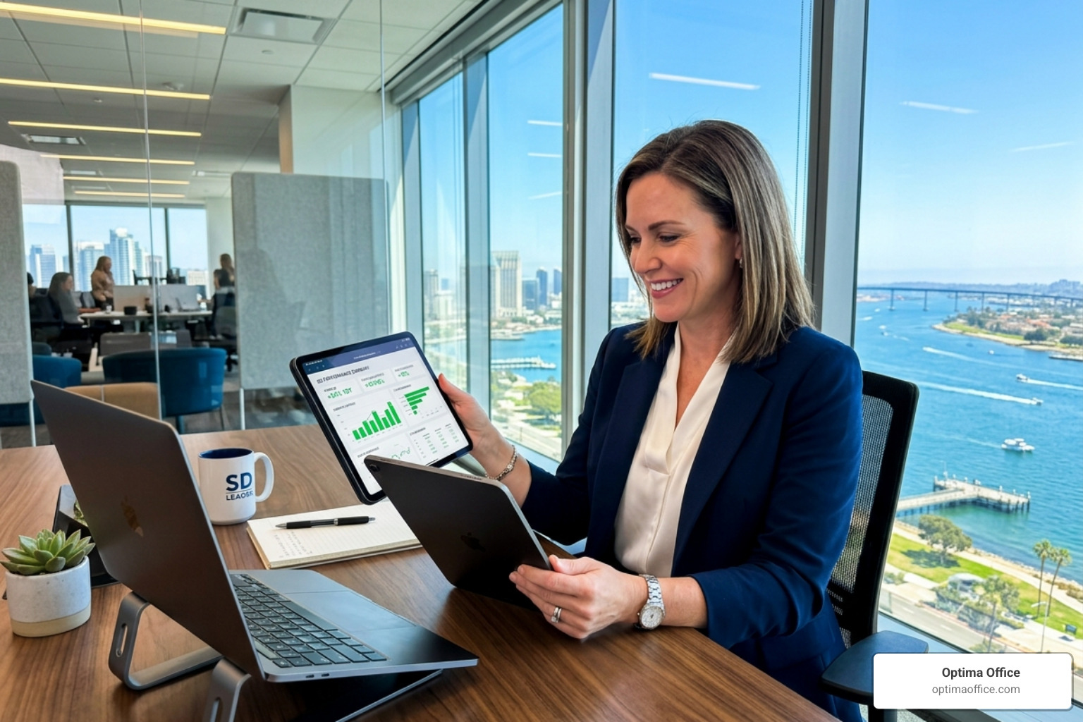 Business leader in San Diego reviewing successful performance metrics on a digital tablet - staff recruitment agency Business leader in San Diego reviewing successful performance metrics on a digital tablet - staff recruitment agency