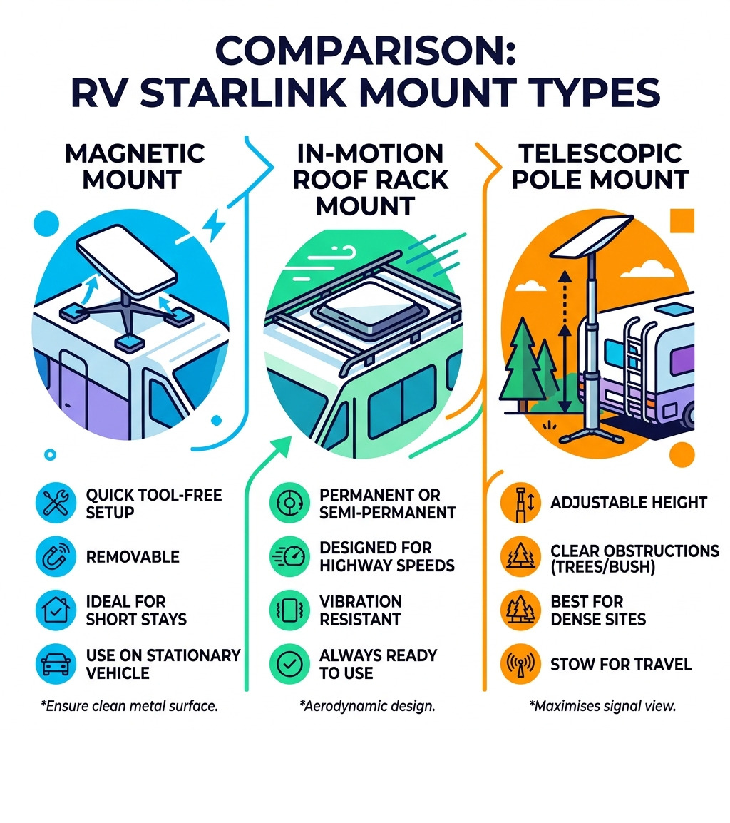 Comparison infographic of RV Starlink mount types: magnetic, in-motion roof rack, and telescopic pole - Starlink mounts for Comparison infographic of RV Starlink mount types: magnetic, in-motion roof rack, and telescopic pole - Starlink mounts for
