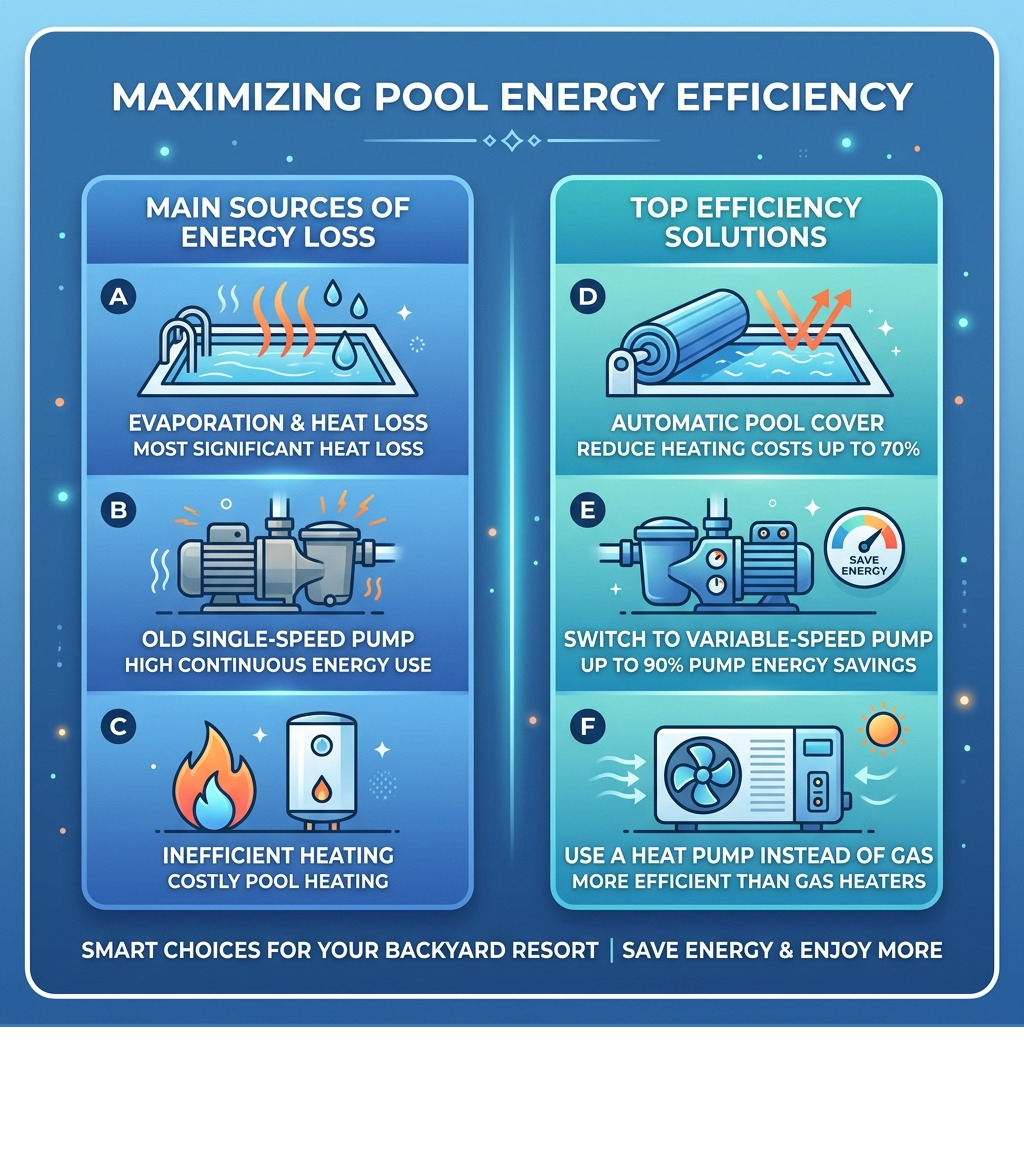 Infographic showing main sources of pool energy loss and top efficiency solutions - energy efficient pools infographic Infographic showing main sources of pool energy loss and top efficiency solutions - energy efficient pools infographic