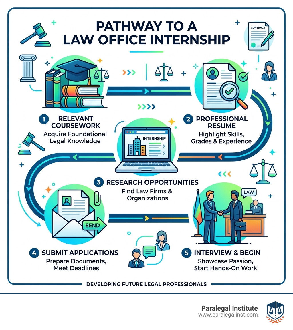 Infographic showing the path from student to legal intern with steps including completing relevant coursework, building a professional resume, researching internship opportunities, submitting applications with required documents, interviewing with potential employers, and beginning hands-on legal experience under professional supervision - law office internships infographic 
